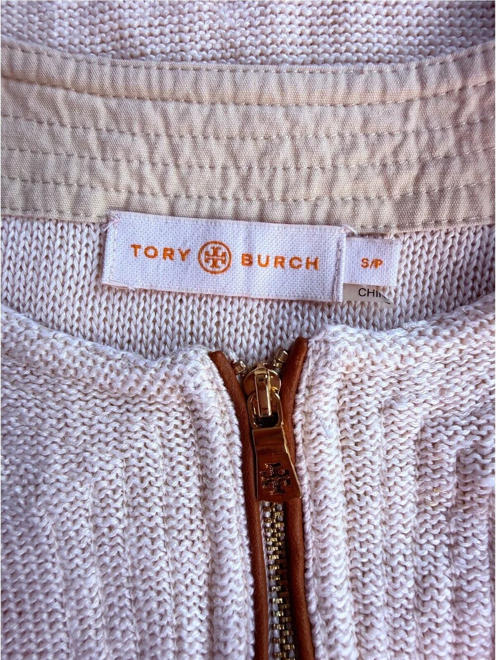 Tory Burch 100% Linen Quarter Zip Sweater Leather Trim Ivory Small